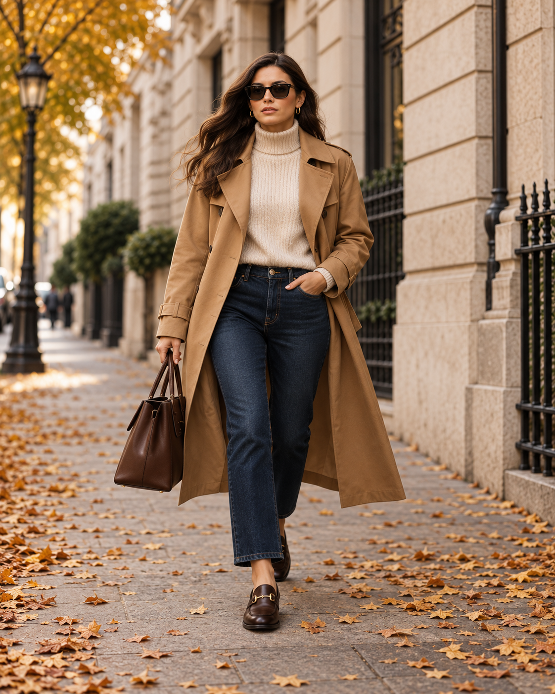 Höstoutfit för dam med trenchcoat stickad tröja jeans och loafers