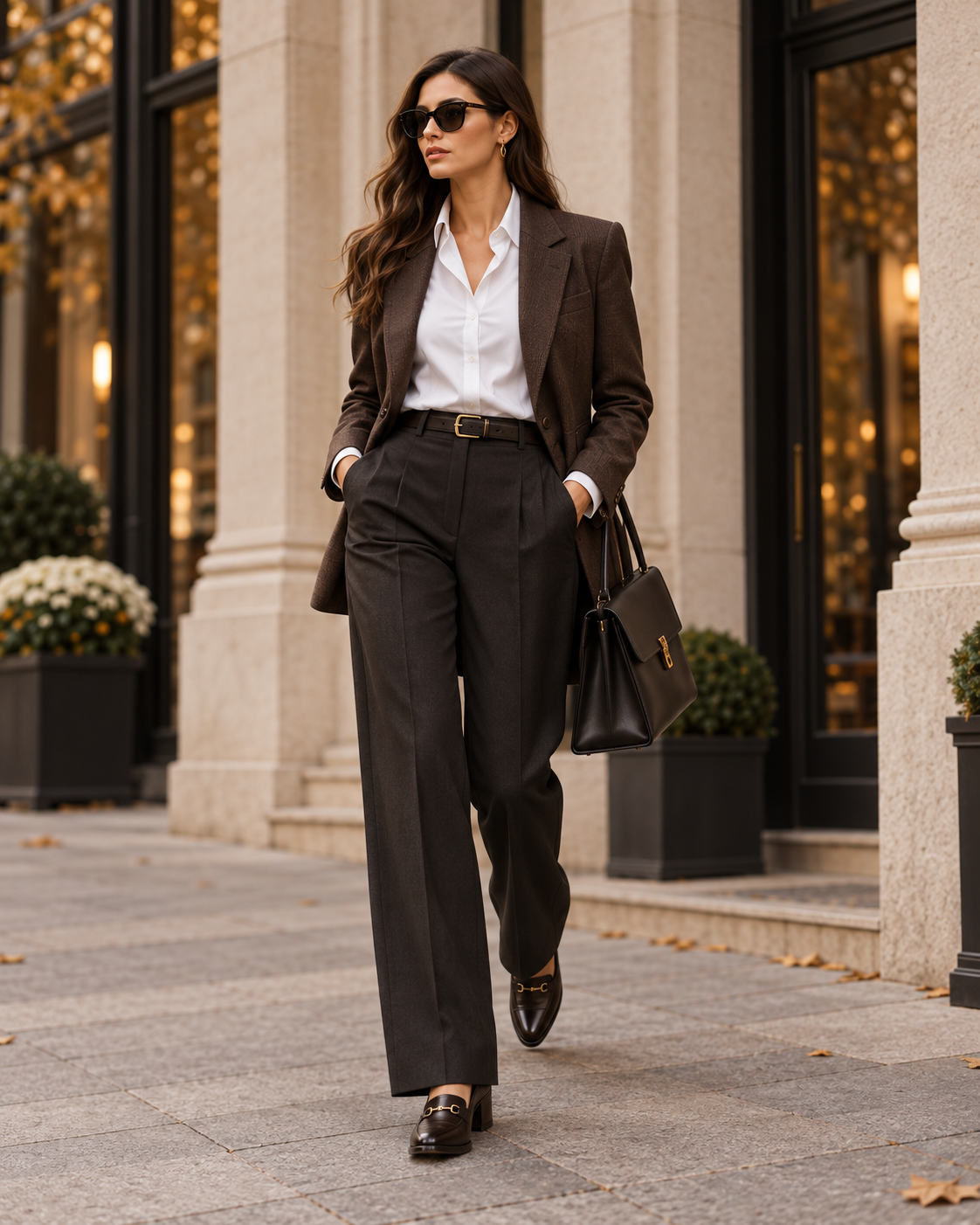 Elegant höstlook med brun kavaj vit skjorta och dambyxor