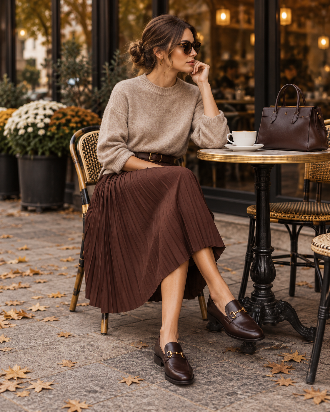 Höstoutfit med stickad tröja brun midikjol och loafers