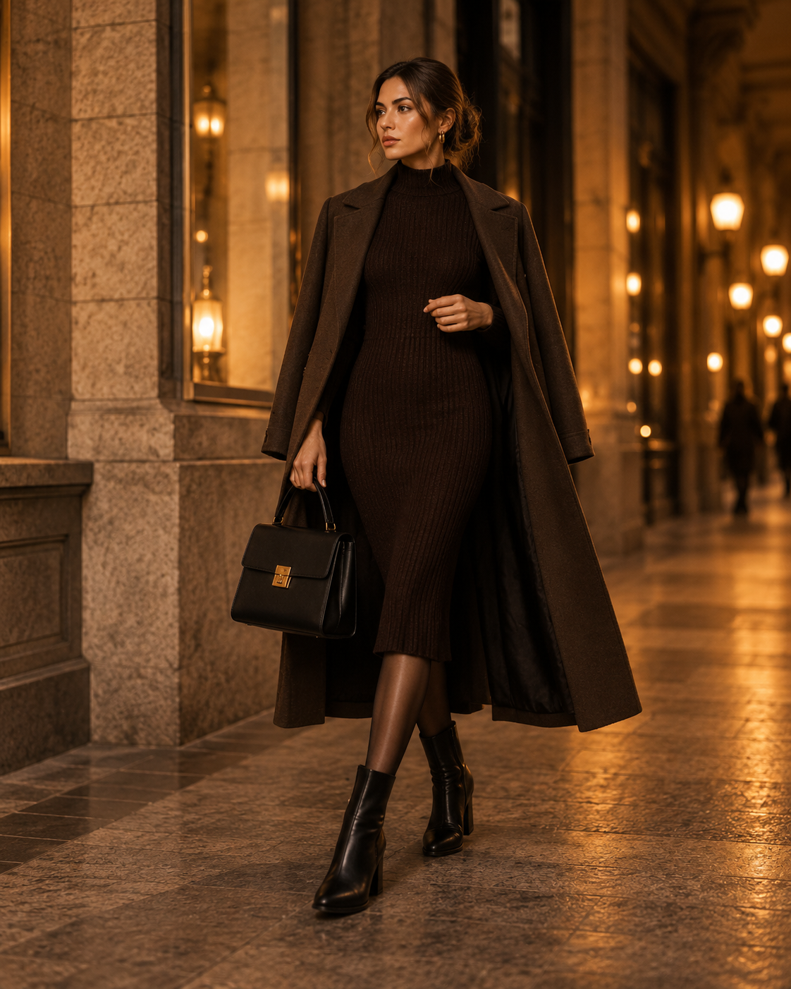 Elegant höstlook med stickad klänning lång kappa och boots