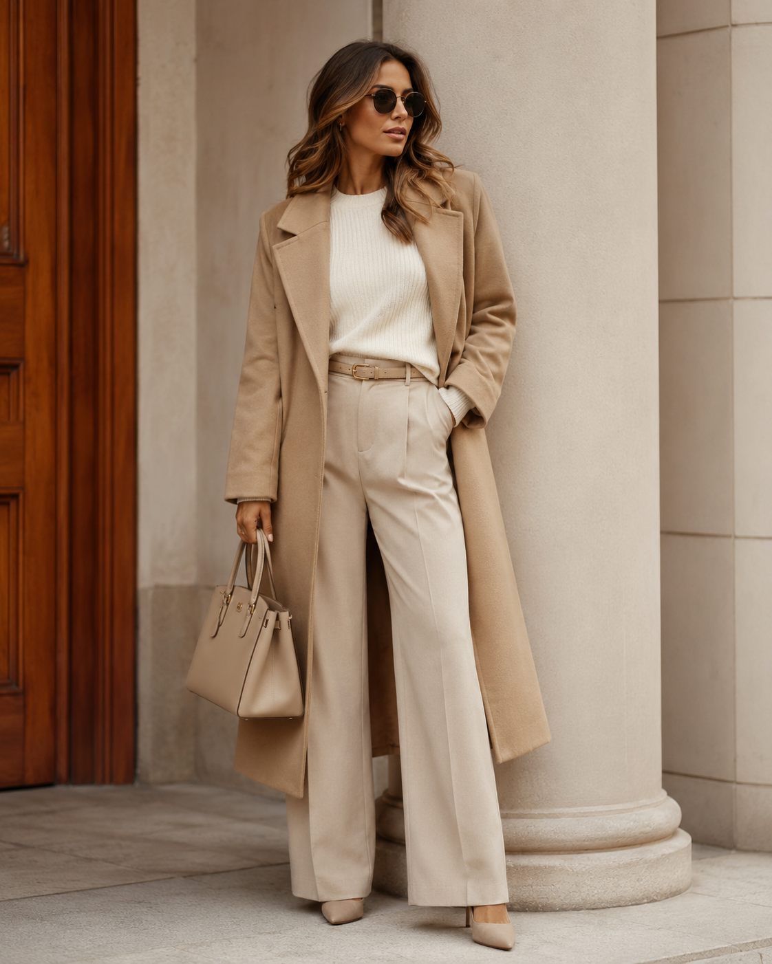 Monokrom damoutfit i beige, creme och camel