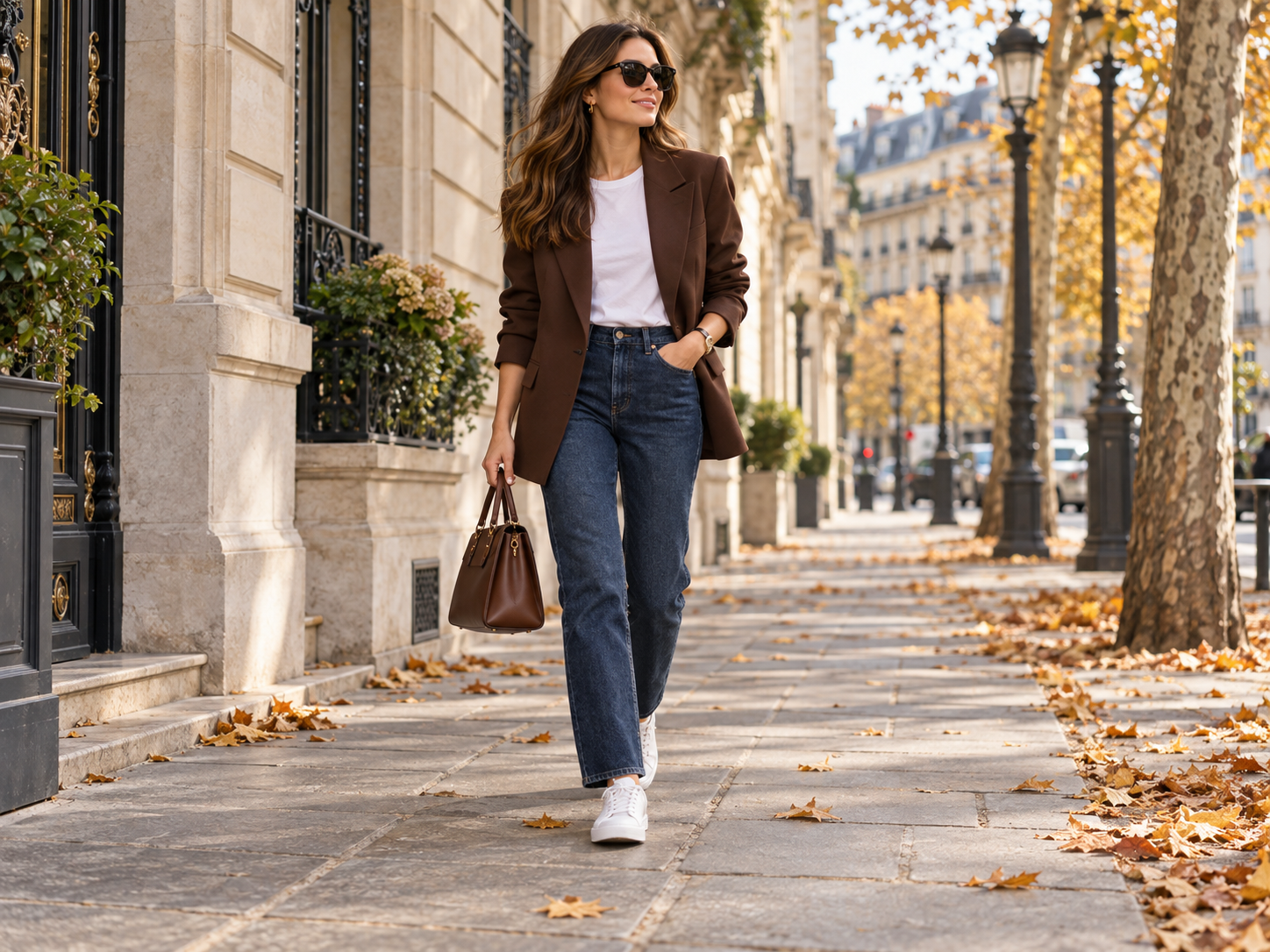 Brun kavaj med vit T-shirt och blå jeans i en modern höstlook