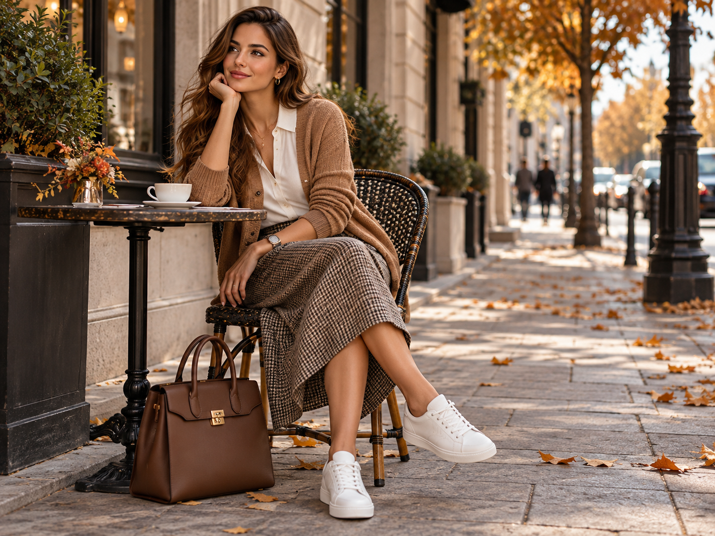 Elegant kjol med kofta och sneakers för kontoret